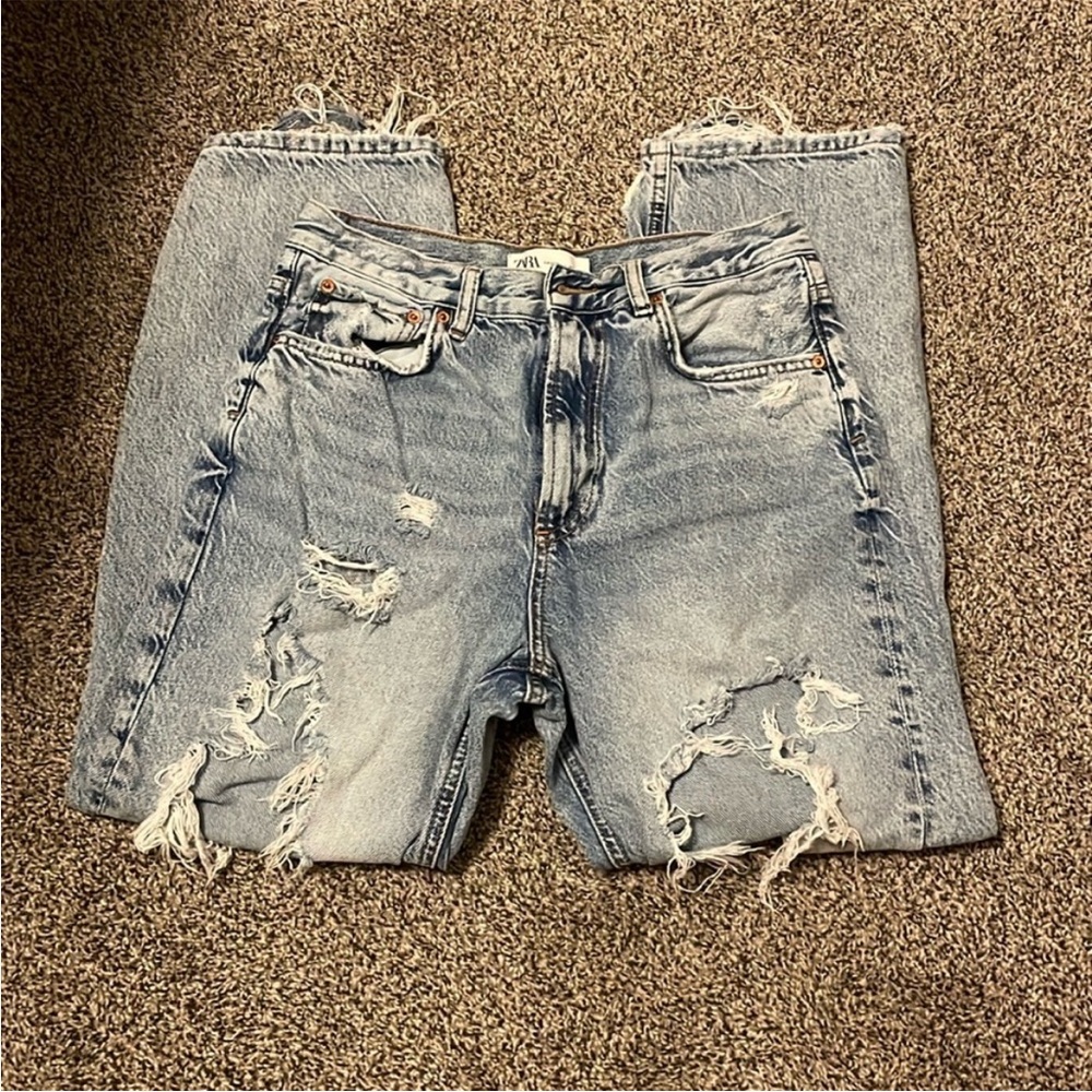 Zara Light Blue Distressed Women’s Relaxed Jeans